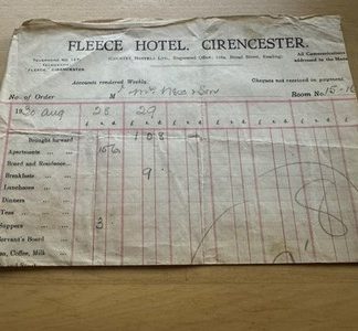 Ephemera - Fleece Hotel Cirencester - Invoice Receipt - 1930 Gloucestershire UK