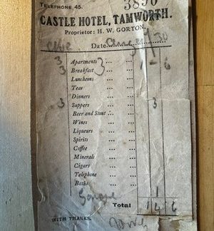 Ephemera - Castle Hotel Tamworth Staffordshire Receipt Invoice 1930 England UK