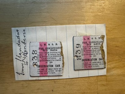 Ephemera - 2 LMSR Ticket Stubs Llanberis Llandudno Gwynedd Conwy Wales Railway
