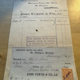 Ephemera - John Curtis & Co Invoice Redcliffe Crown Oil Mills Bristol UK 1930 GB