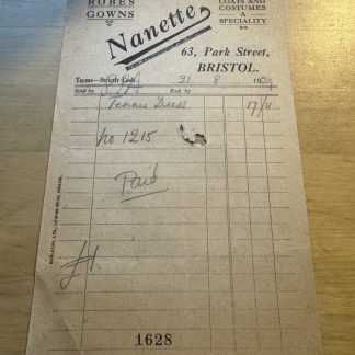 Ephemera - Nanette Robes Gowns Coats Costumes Park Street Bristol Invoice 1929