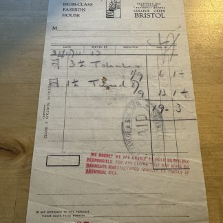 Ephemera - J. F. Taylor & Son Ltd Fashion College Green Bristol UK Invoice c1930
