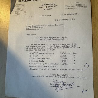 Ephemera - Blackhills Swindon Sand & Gravel Co Ltd Near Dudley Worcs Letter 1962