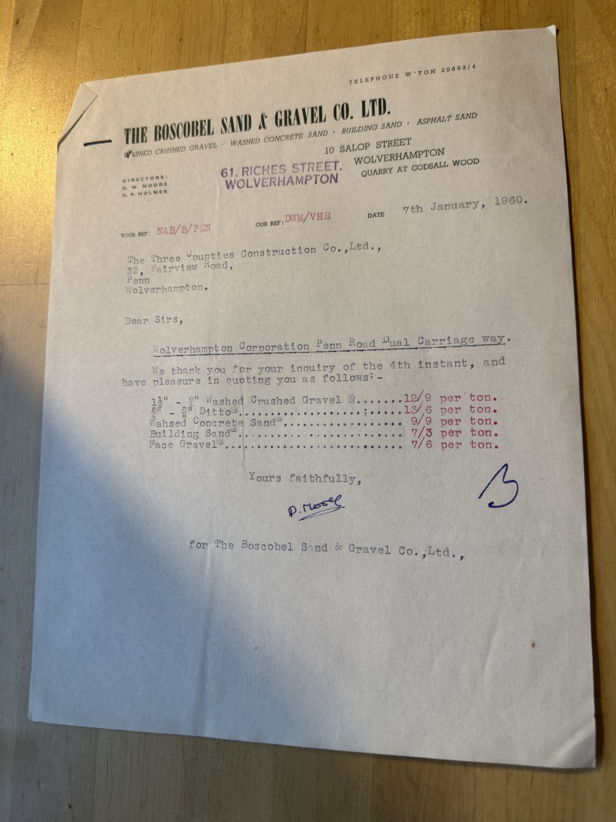 Ephemera - Boscobel Sand & Gravel Co Ltd Salop Street Wolverhampton Letter 1960