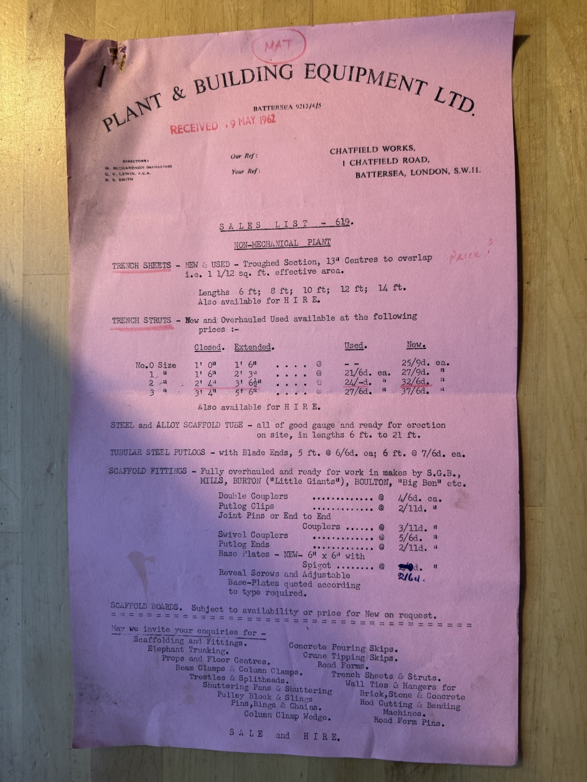 Ephemera Plant & Building Equipment Chatfield Road Battersea London Letter 1962