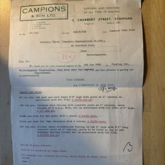 Ephemera - Campions & Son Ltd Fencing Crabbery Street Stafford UK GB Letter 1960