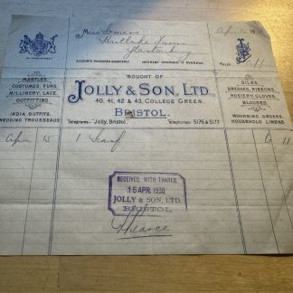 Ephemera - Jolly & Son Ltd Costumes Silks Etc College Green Bristol Invoice 1930
