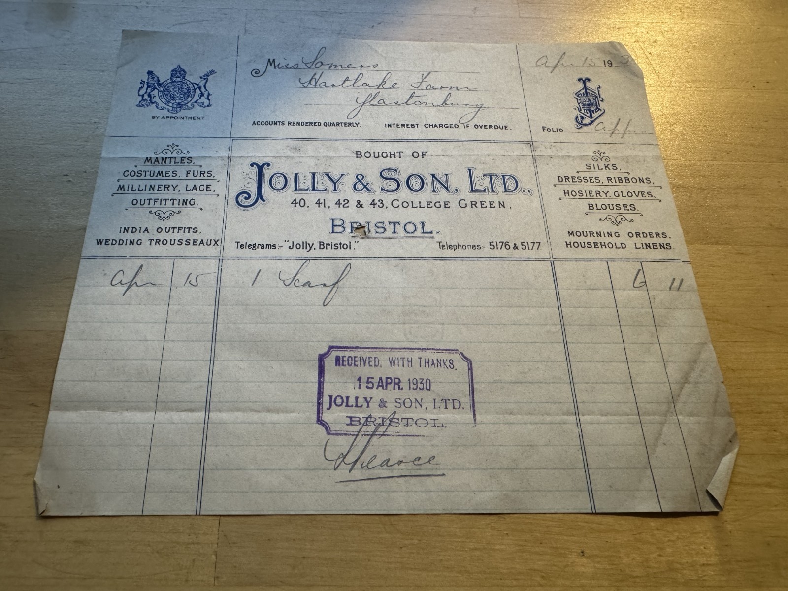 Ephemera - Jolly & Son Ltd Costumes Silks Etc College Green Bristol Invoice 1930