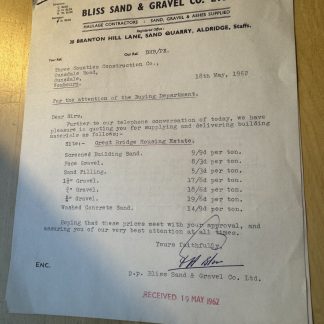 Ephemera - Bliss Sand & Gravel Co Branton Hill Lane Aldridge Staffs Letter 1962