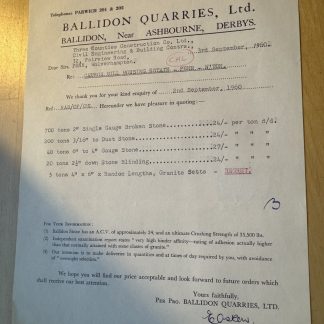 Ephemera - Baillidon Quarries Ltd Near Ashbourne Derbyshire England Letter 1960