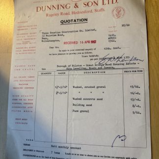 Ephemera - Dunning & Son Ltd Rugeley Road Hednesford Staffordshire Letter 1962