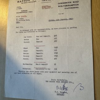 Ephemera - Hayson Tyre Service Limited Gorsebrook Road Wolverhampton Letter 1962