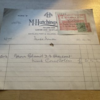 Ephemera - M. Hutchings & Co Tailors Park Street Bristol England Invoice 1929