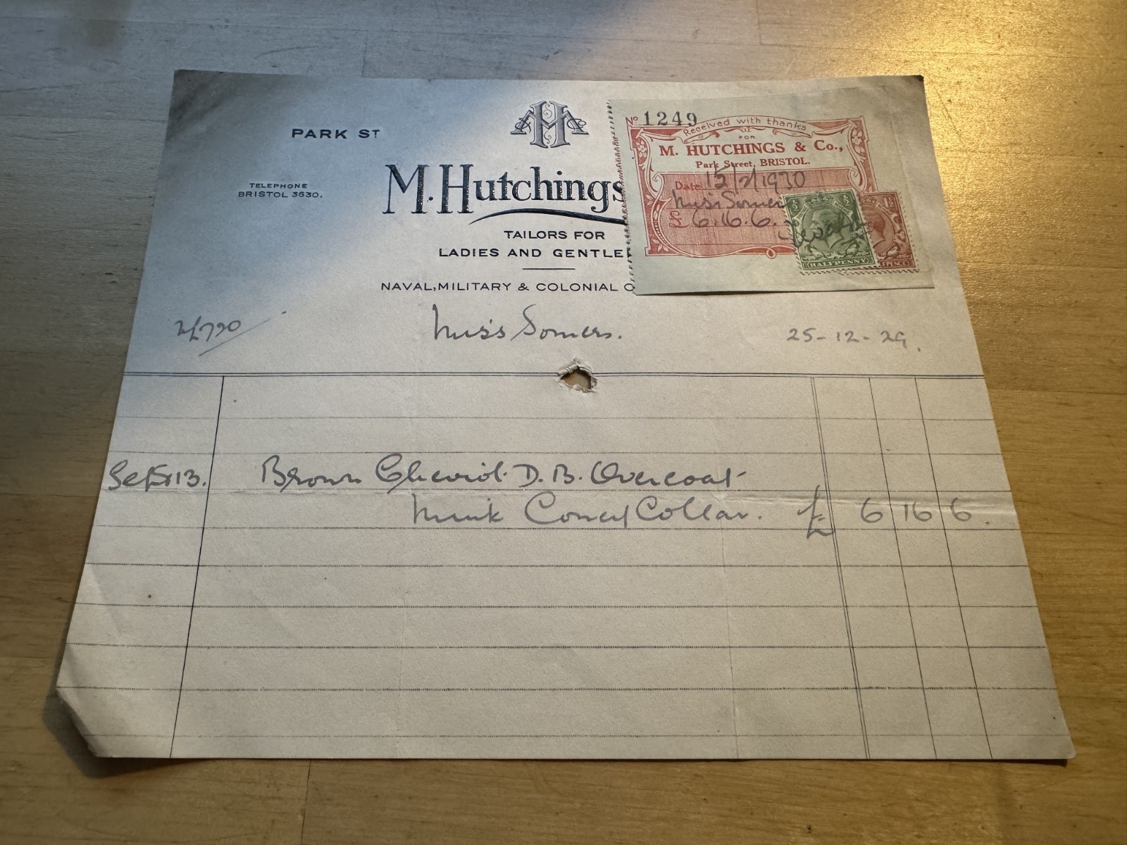Ephemera - M. Hutchings & Co Tailors Park Street Bristol England Invoice 1929