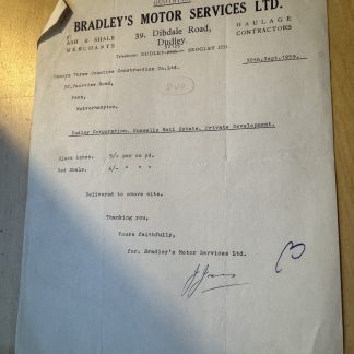 Ephemera - Bradley's Motor Services Ltd Shale Dibdale Road Dudley Letter 1959