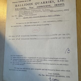 Ephemera - Ballidon Quarries Ltd Near Ashbourne Derbyshire England Letter 1960