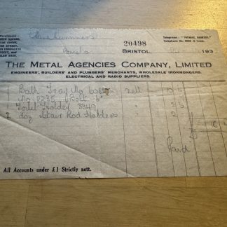 Ephemera - Metal Agencies Company Ltd Merchant Ironmonger Bristol Invoice 1932