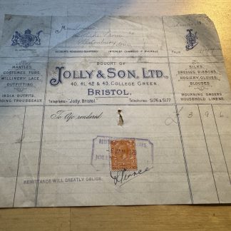 Ephemera - Jolly & Son Ltd Costumes Silks Etc College Green Bristol Invoice 1929