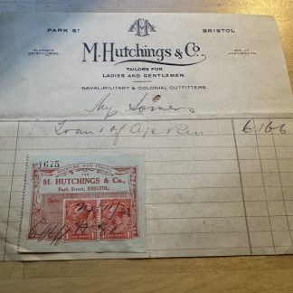 Ephemera - M. Hutchings & Co Tailors Park Street Bristol England UK Invoice 1932