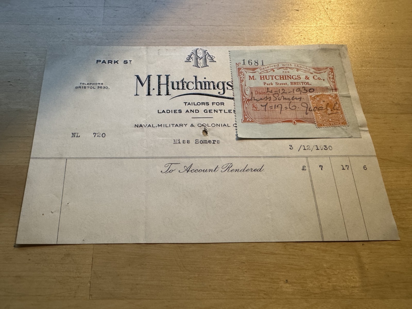 Ephemera - M. Hutchings & Co Tailors Park Street Bristol England Invoice 1930