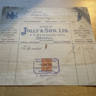 Ephemera - Jolly & Son Ltd Silks Dresses Etc College Green Bristol Invoice 1929