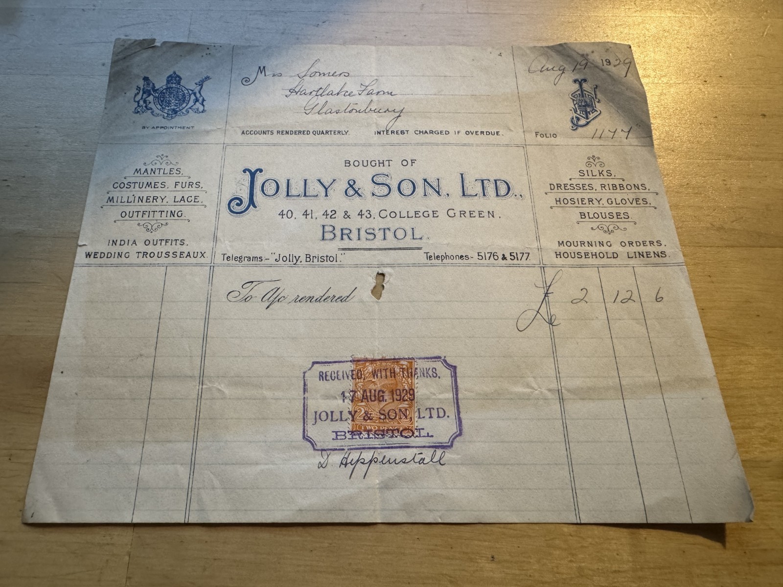 Ephemera - Jolly & Son Ltd Silks Dresses Etc College Green Bristol Invoice 1929