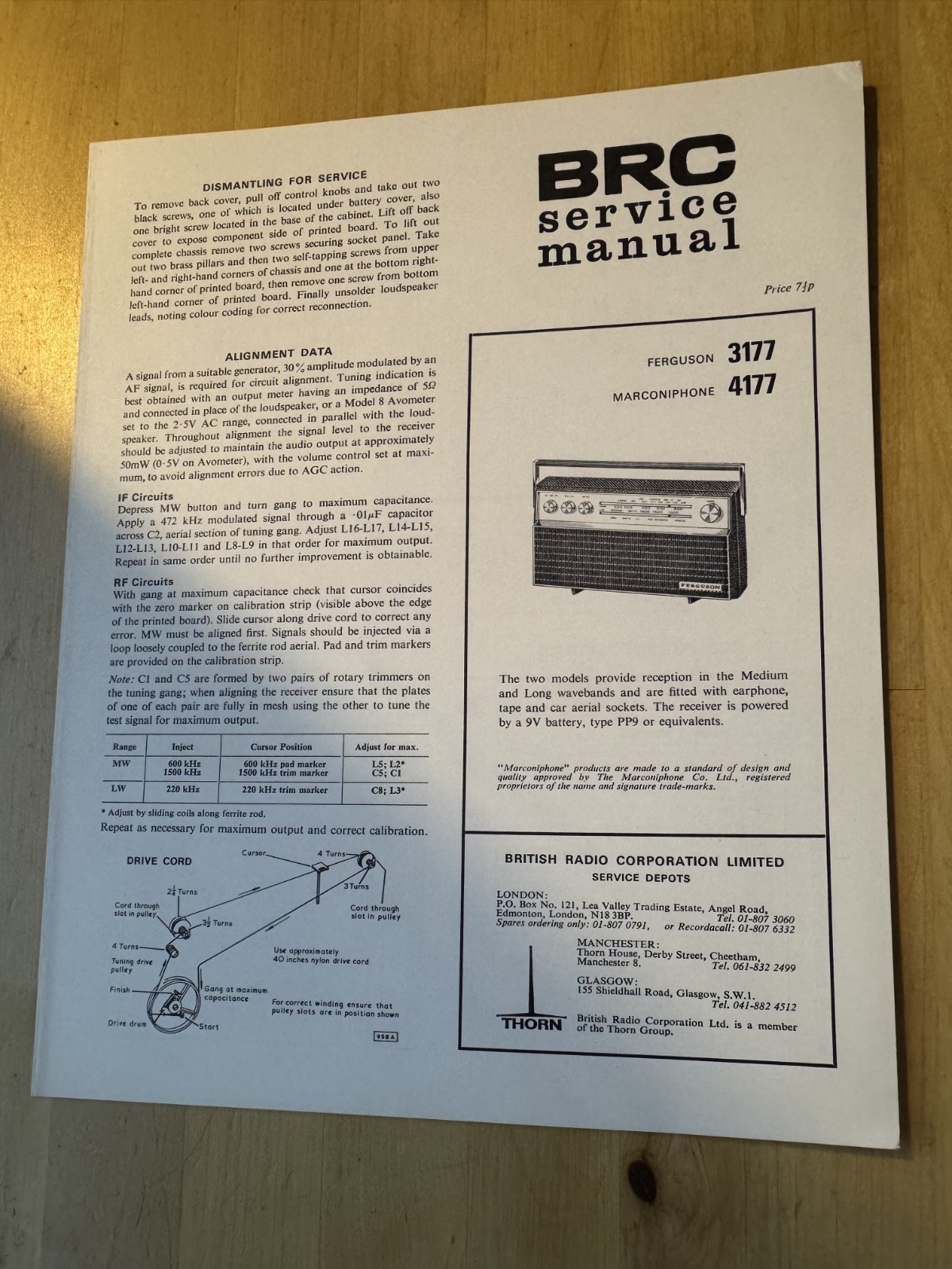 Ephemera - BRC Service Manual Ferguson 3177 Marconiphone 4177 Radio Booklet 1972