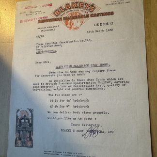 Ephemera - Blakeys Boot Protectors Armley Ironworks Leeds Yorkshire Letter 1962