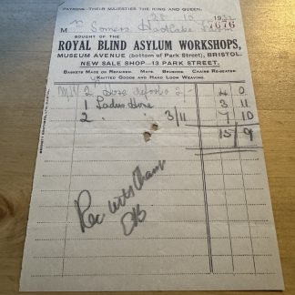 Ephemera - Royal Blind Asylum Workshops Museum Avenue Bristol UK Invoice 1932