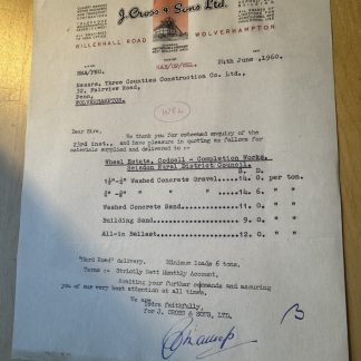 Ephemera - J. Cross & Sons Ltd Quarry Willenhall Road Wolverhampton Letter 1960
