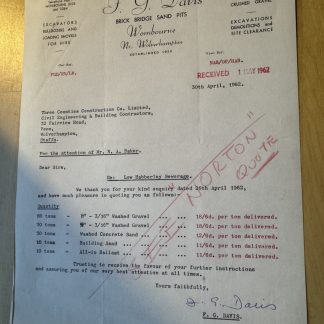 Ephemera - F. G. Davis Brick Bridge Sand Pit Wombourne Wolverhampton Letter 1962