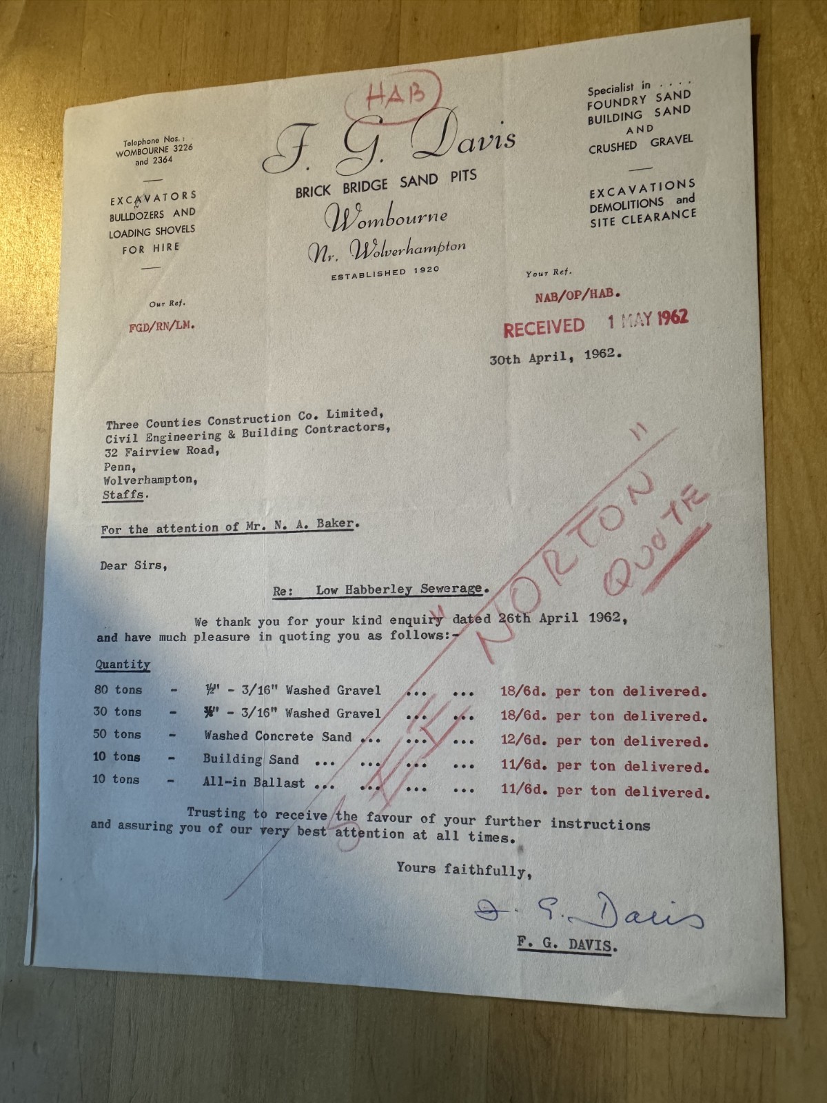 Ephemera - F. G. Davis Brick Bridge Sand Pit Wombourne Wolverhampton Letter 1962