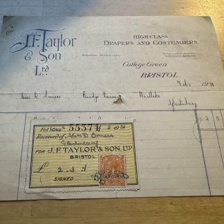 Ephemera - J. F. Taylor & Son Ltd Drapers College Green Bristol UK Invoice 1931