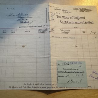 Ephemera - West of England Sack Contractors Queen Square Bristol UK Invoice 1932