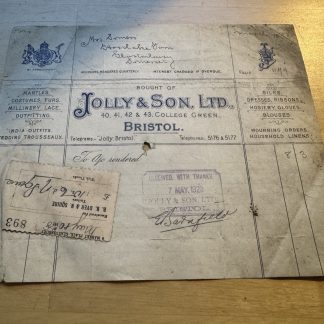 Ephemera - Jolly & Son Ltd Costumes Silks Etc College Green Bristol Invoice 1928
