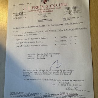 Ephemera - J. T. Price & Co Ltd Brierley Hill Stourbridge Letter 1962 Midlands