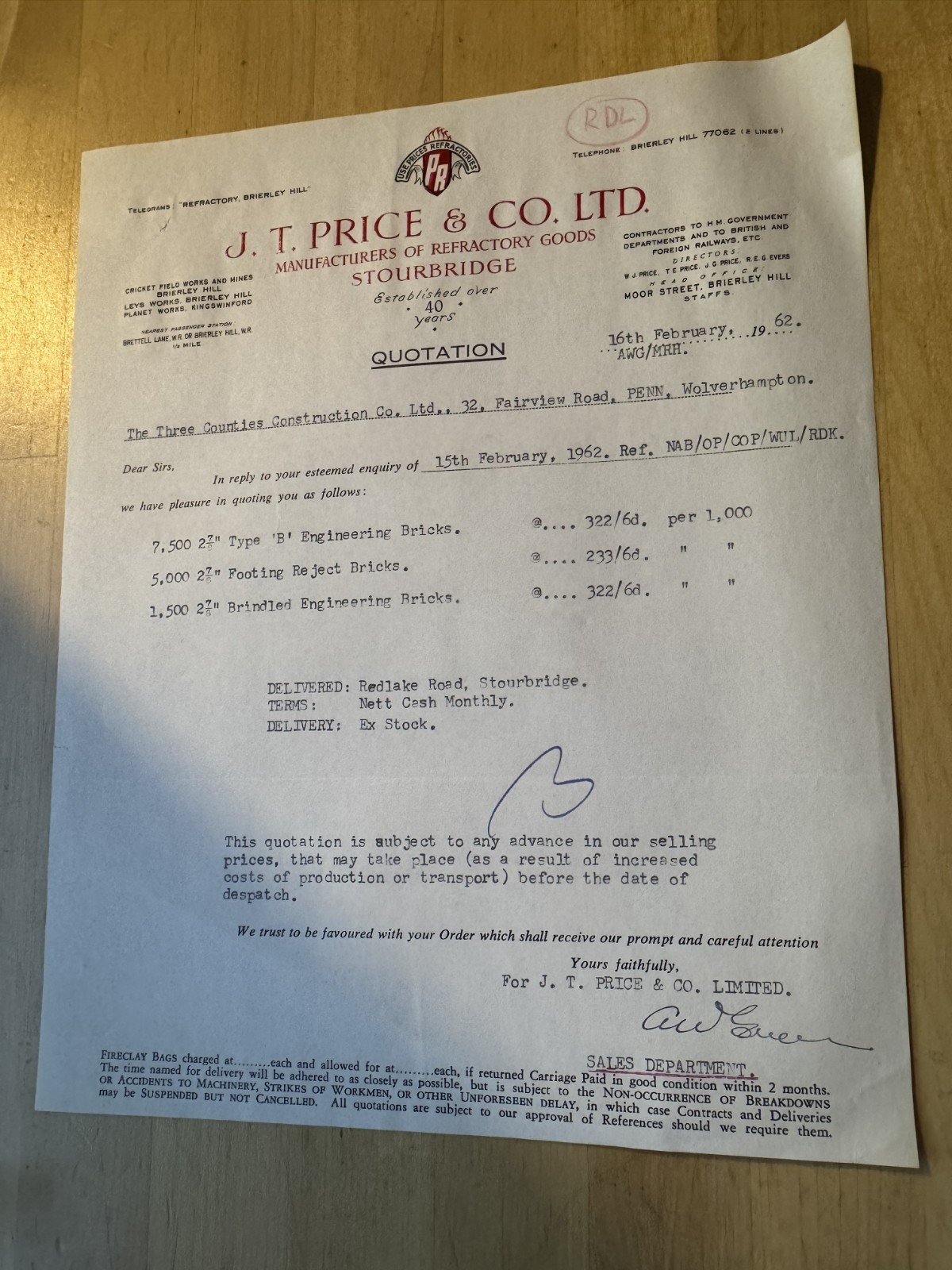Ephemera - J. T. Price & Co Ltd Brierley Hill Stourbridge Letter 1962 Midlands