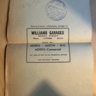 Ephemera - Williams Garages Advert Proof Lytham St Annes Morris Austin MG Car UK