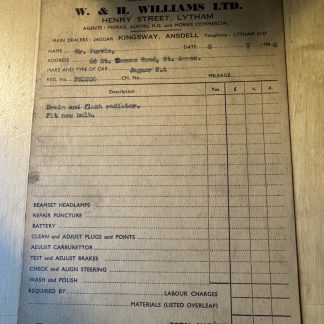 Ephemera - Williams Garages Lytham St Annes Repair Invoice Jaguar Car 1960 Lancs