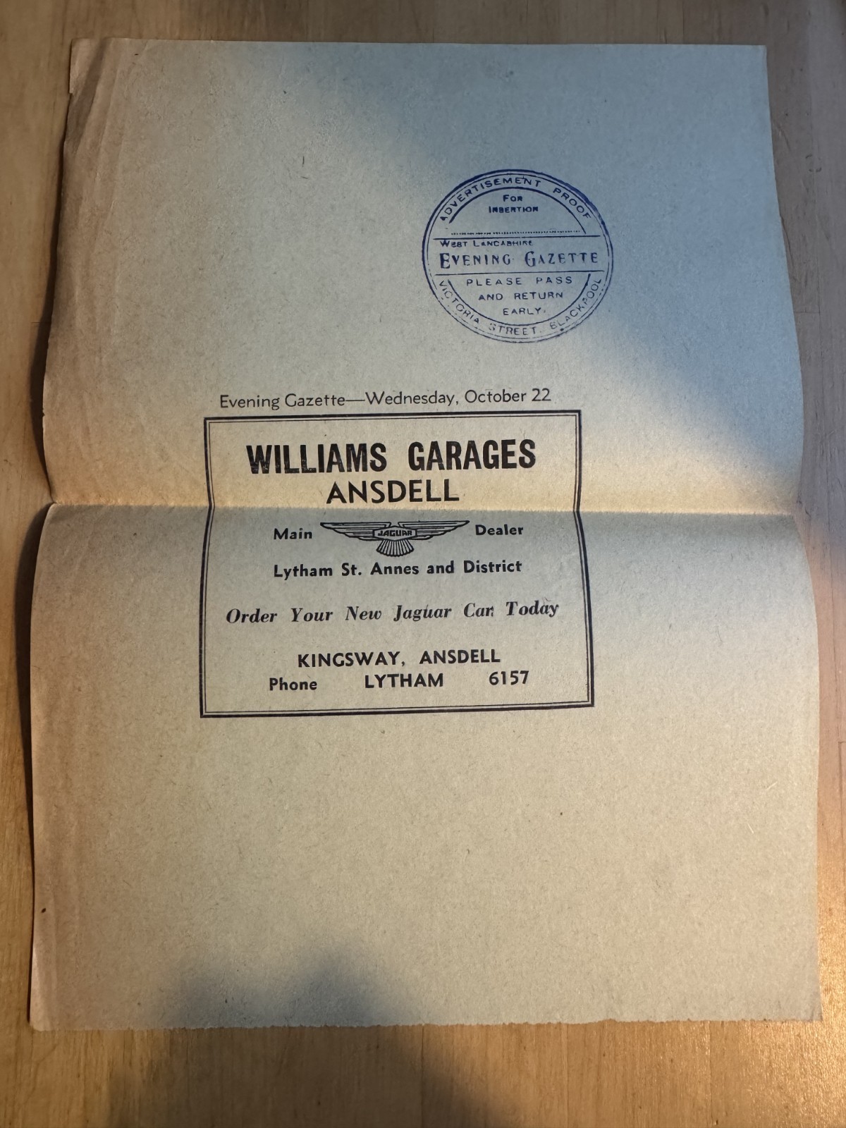 Ephemera - Williams Garages Ansdell Lytham St Annes Advert Proof Jaguar Car UK