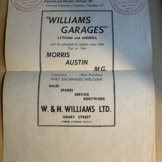Ephemera - Williams Garages Car Advert Proof Lytham St Annes Morris MG Austin UK