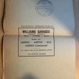 Ephemera - Williams Garages Lytham St Annes Advert Proof Morris Austin MG Car UK