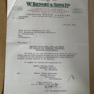 Ephemera - W. Bengry & Sons Longmoor Garage Kingsland 1962 Herefordshire UK GB