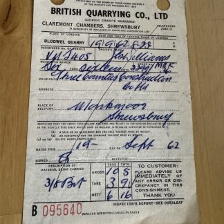 Ephemera - British Quarrying Co Claremont Chambers Shrewsbury - 1962 Shropshire