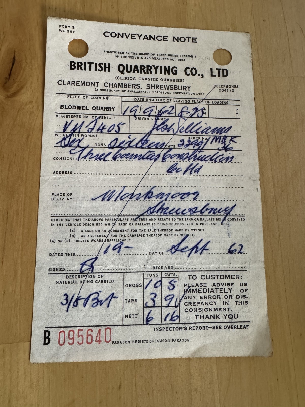 Ephemera - British Quarrying Co Claremont Chambers Shrewsbury - 1962 Shropshire