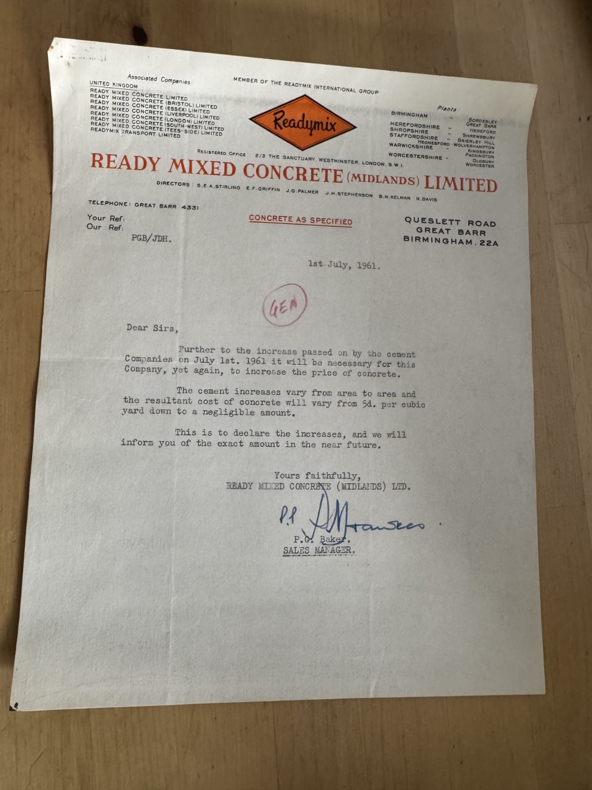 Ephemera - Ready Mixed Concrete Midlands Ltd Great Barr Birmingham 1961 England