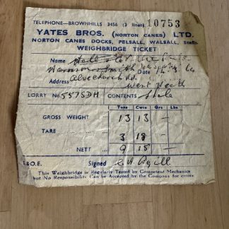 Ephemera - Yates Bros. Pelsall Walsall Weighbridge Ticket - 1964 - Staffordshire