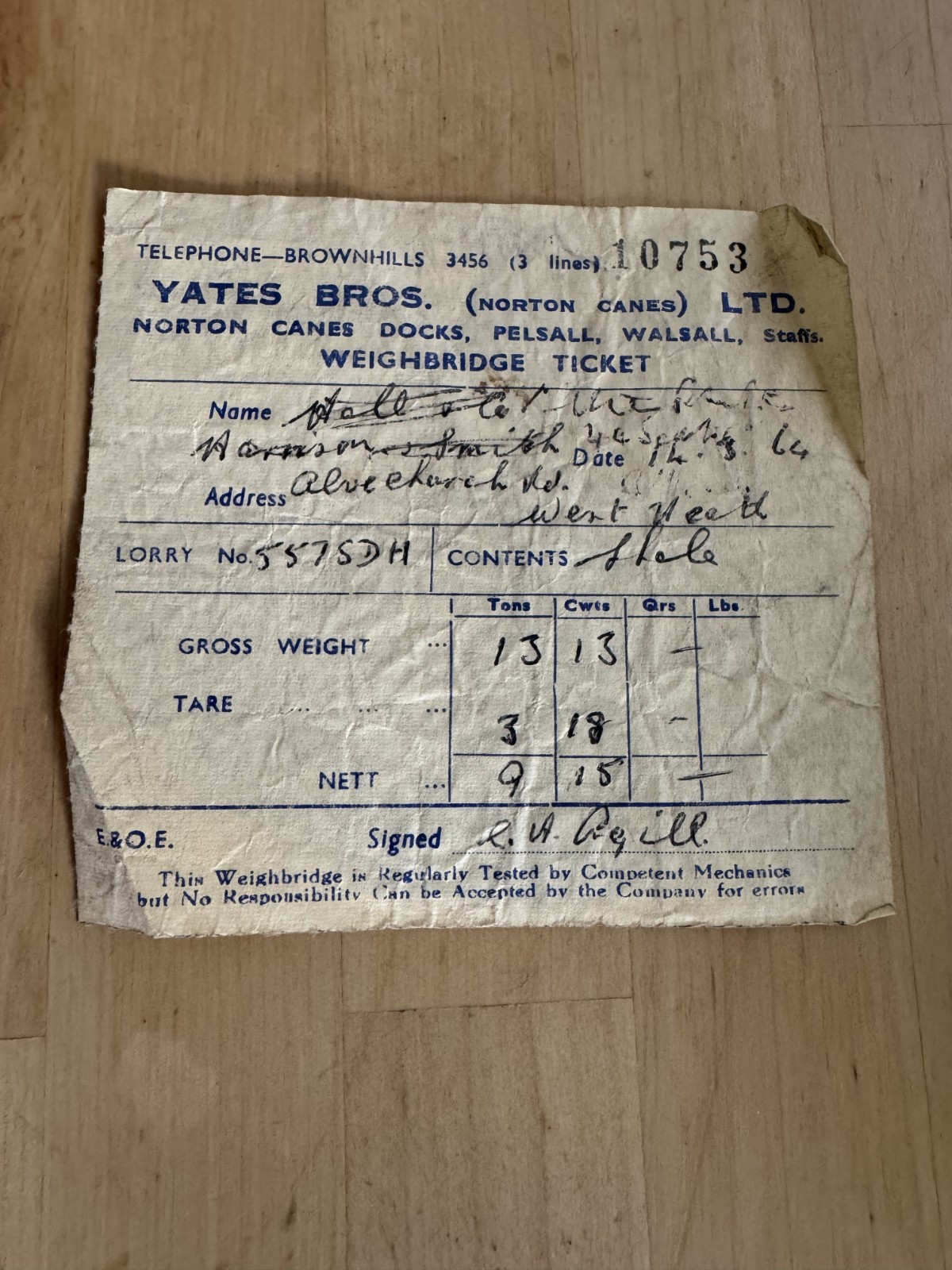 Ephemera - Yates Bros. Pelsall Walsall Weighbridge Ticket - 1964 - Staffordshire
