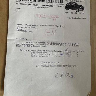 Ephemera - Cannock Chase Motor Services Brownhills Walsall Staffordshire 1960 UK