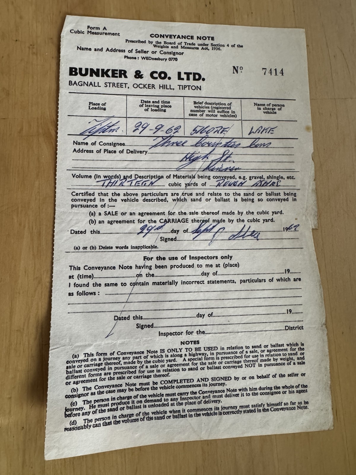 Ephemera - Bunker & Co Ltd Ocker Hill Tipton - 1962 - Invoice West Midlands UK